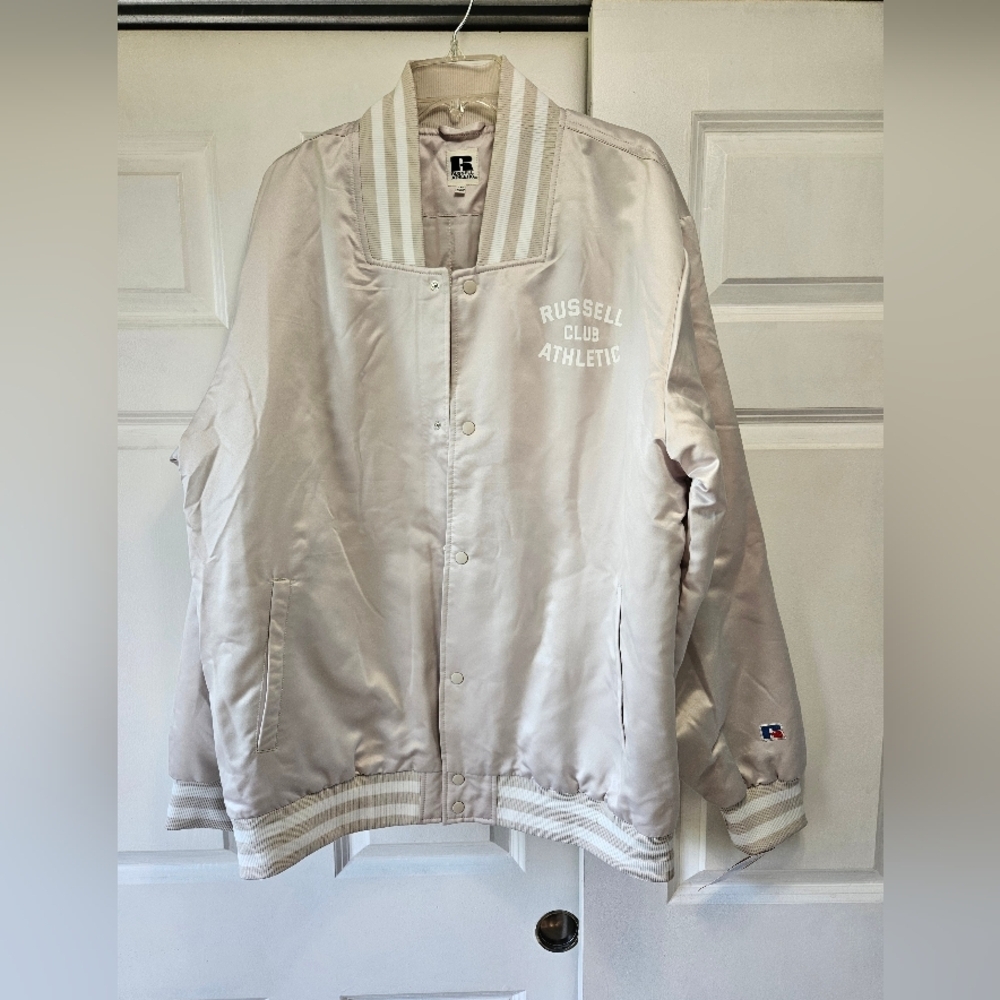 Russell Athletic Cream Bomber Varsity Jacket with Ribbed Details - Picture 2 of 8
